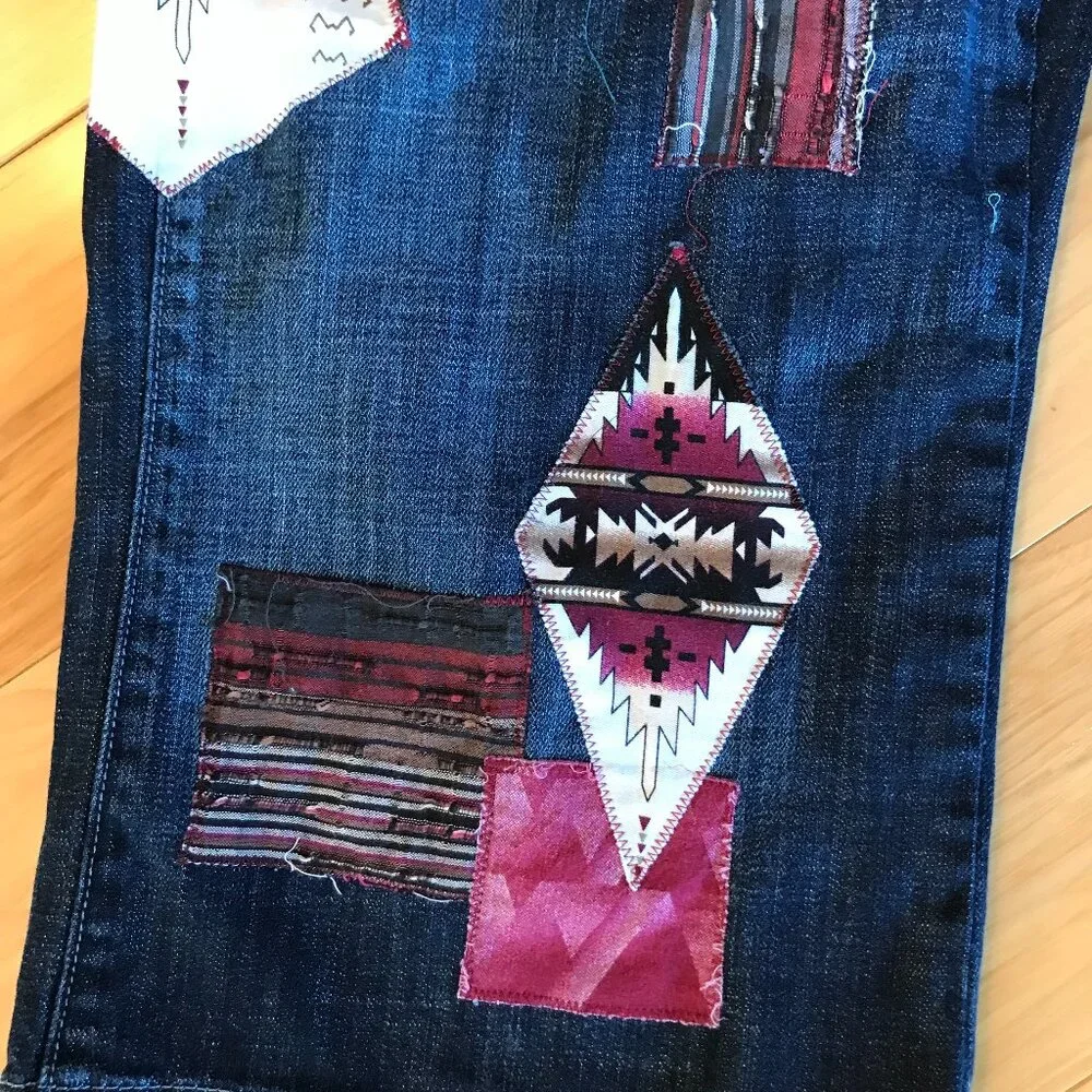 Upcycled Southwest Aztec Patchwork Denim Capris, Western Gauchos Size 7-8